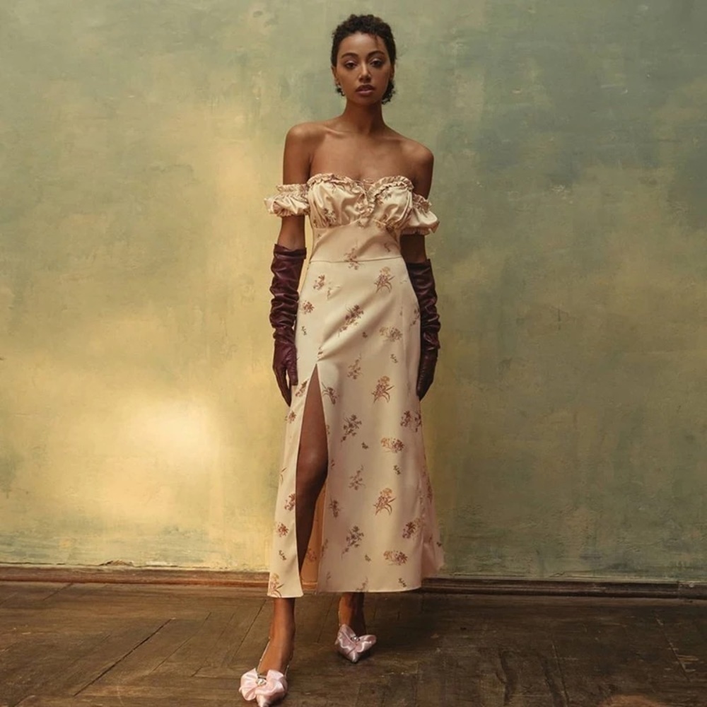 Summer boho off shoulder dress cream green